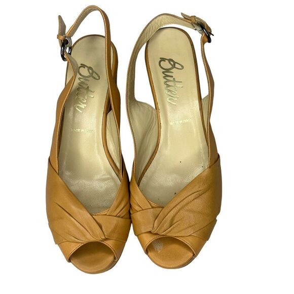 Butter Italy Light Camel Wedge Platform Peep Toe Slingback Size 9.5 - Picture 2 of 12